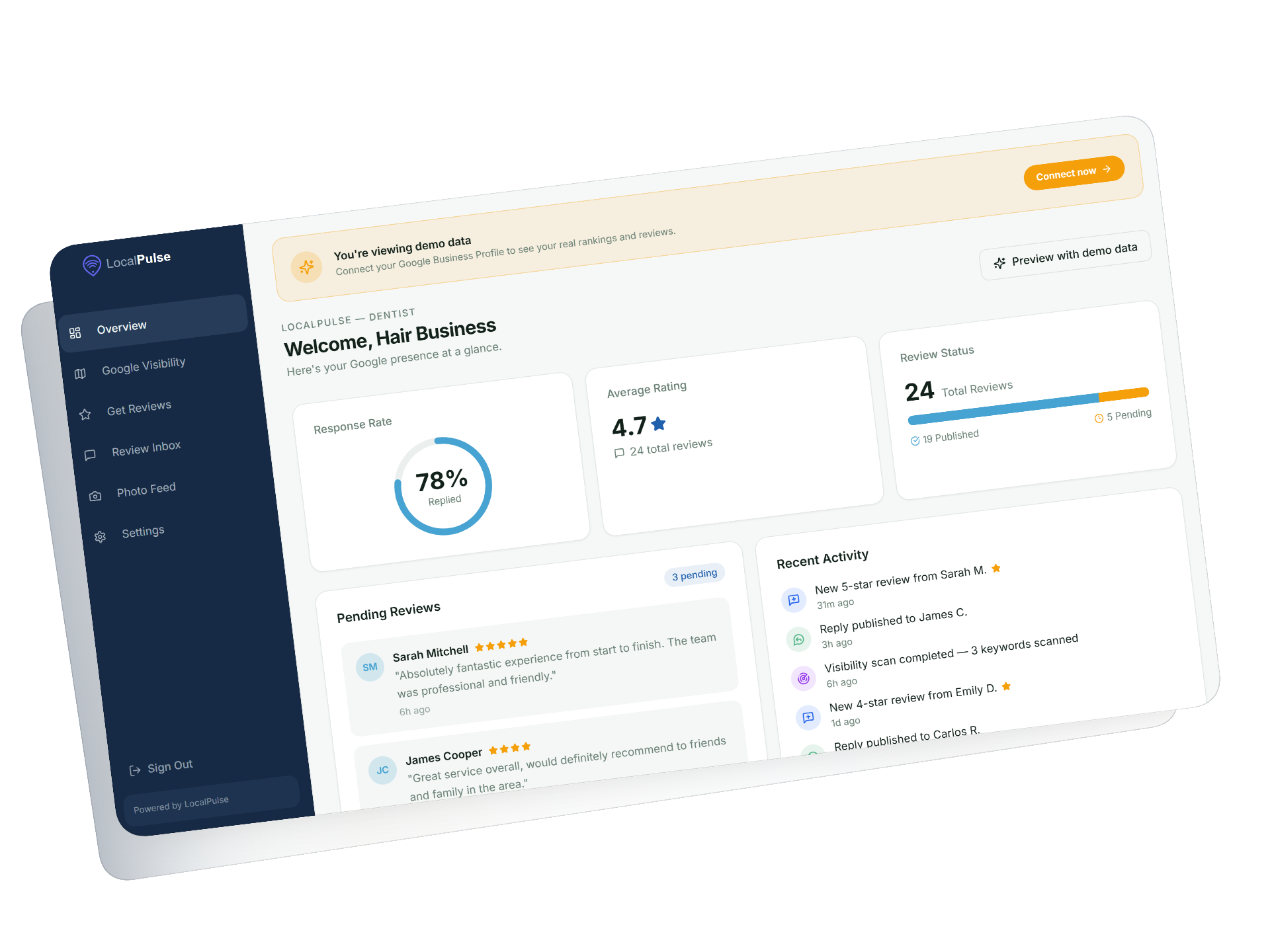 LocalPulse dashboard showing reviews, ranking heatmap, and analytics